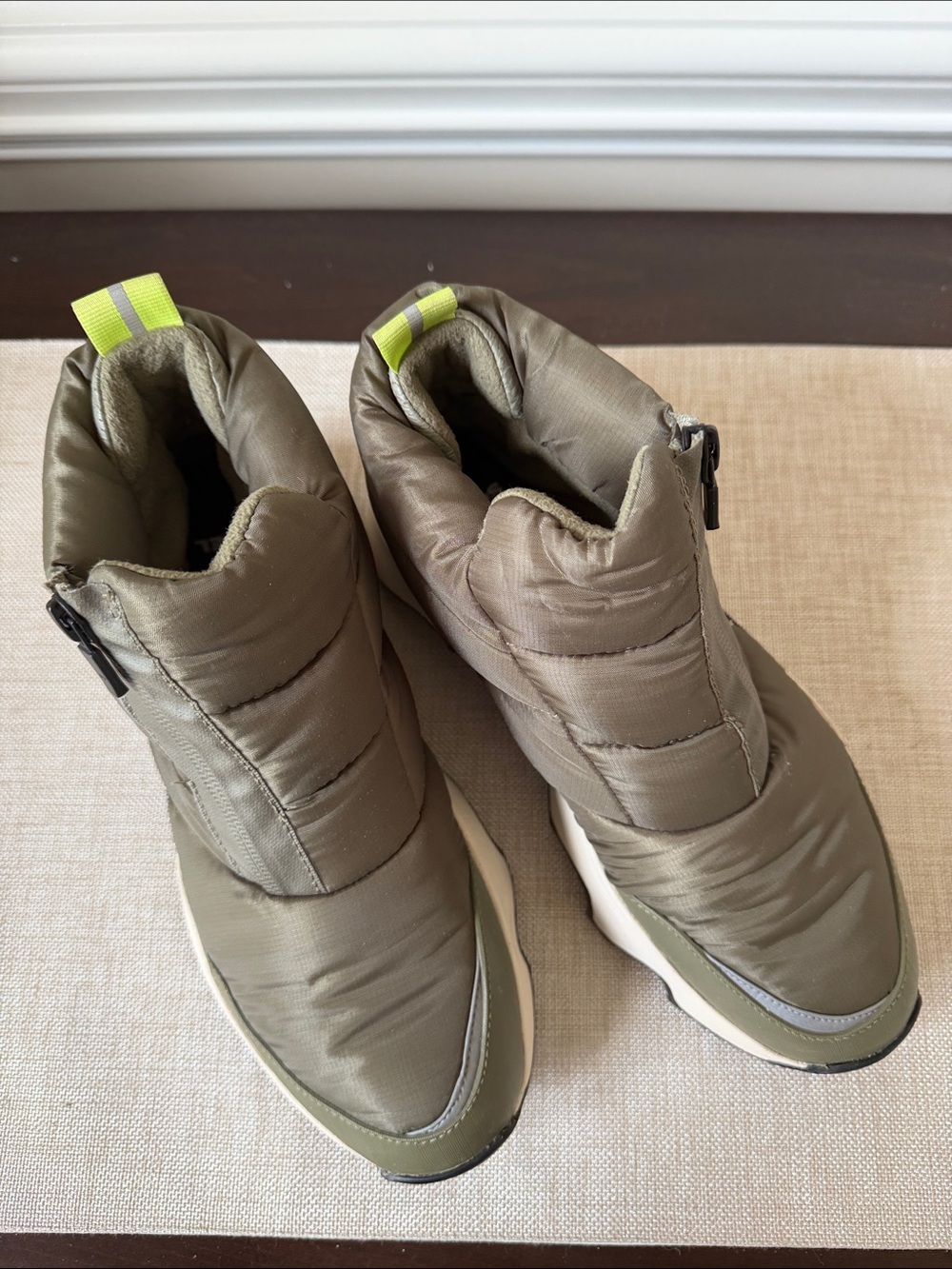 Sorel Olive Green Quilted Winter Zip Boots with Neon Pull Tabs